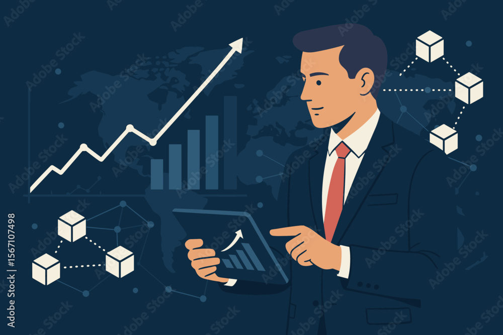 Aufkleber businessman using tablet analyzing sales data and economic growth. financial analyst reviewing graph