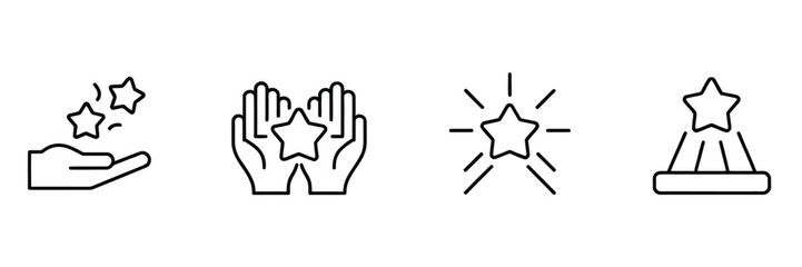 Fototapeta premium Celestial Icon Set – Line Art Hand Holding Shooting Star, Cupped Hands with Star, Phoenix Wings with Star, Star-Topped Trophy for Modern UI, Web, Brand, and Magical Themes”