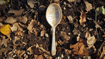 Vintage Spoon Surrounded by Dry Leaves and Soil in Nature Setting