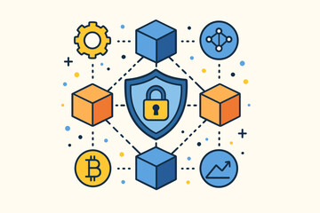 Blockchain technology network concept with secure decentralized data. Cryptocurrency and fintech illustration. Modern flat cartoon vector of digital blocks, shield, lock, and bitcoin.