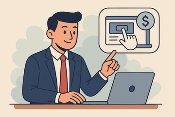 Businessman managing a PPC campaign on a laptop computer. Pay Per Click internet advertising concept. Online marketing, CPC, SEM, digital strategy, search engine marketing vector.