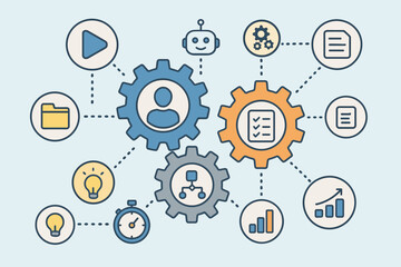 Business process management and workflow automation diagram with gears, robot, and icons. Concept for project management, strategy, optimization, and operational efficiency.