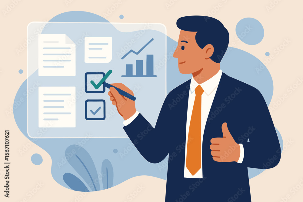 Poster businessman approves documents on virtual screen. document management, project approval concept. bus