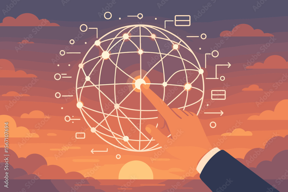 Poster businessman hand touching a digital globe for global network connection and data exchange. internet 
