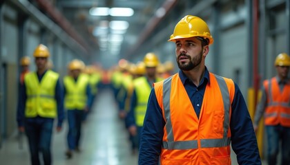 Workers practice emergency evacuation drills in industrial setting. Personnel wear safety vests helmets. Team conducts preparedness training. Focus on worker in orange. Safety, security, risk