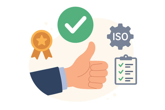 Quality assurance concept with a thumbs up hand. ISO certification and standardization. Top service guarantee with a gold medal, checkmark, and clipboard checklist for quality control.