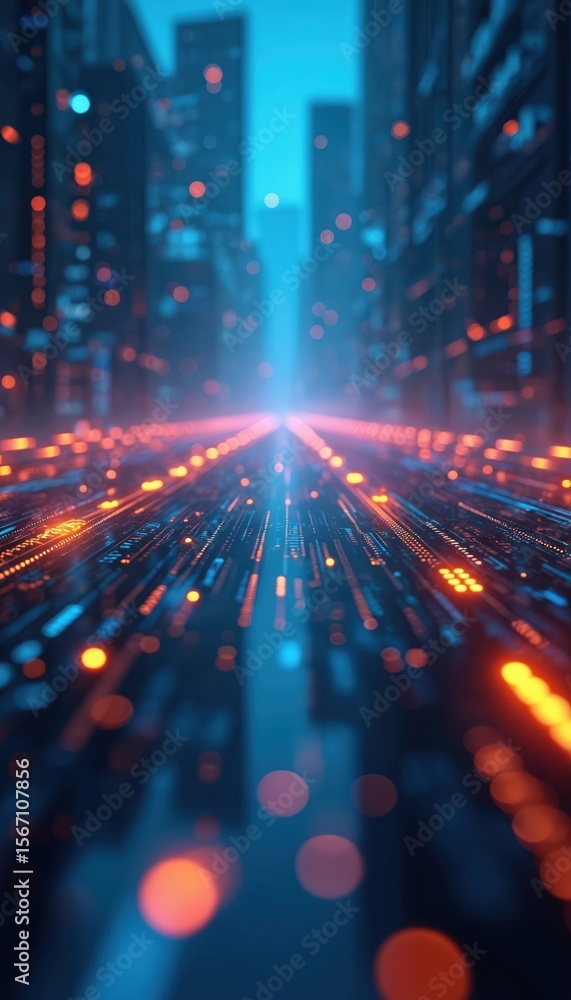 Poster dynamic abstract tech pattern with glowing orange dots, blue lines. futuristic illustration for tech
