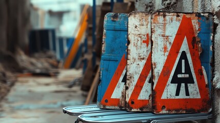 Weathered Traffic Signs in Industrial Setting near Construction Zone