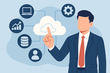 SaaS software as a service concept, businessman in suit interacting with cloud computing icons, data storage, analytics, user management, technology, internet network, digital business solutions