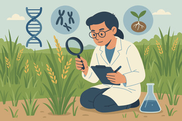 Scientist conducting genetic research on rice plants in field, plant biology, DNA chromosome analysis, biotechnology, crop development, agricultural experiment, sustainable agriculture