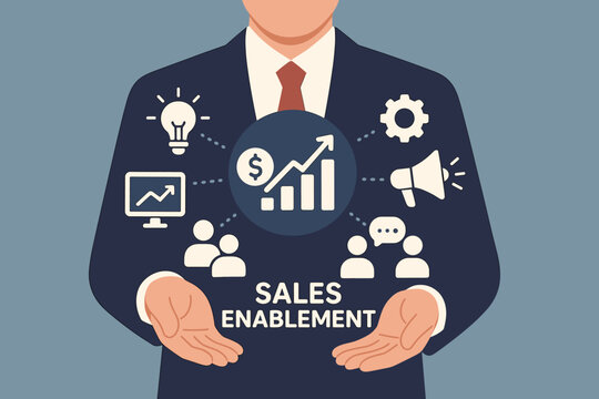Sales Enablement Strategy Concept. Business Marketing Technology. Strategic Sales Promotion, Efficiency Growth, Revenue Increase. Virtual Screen Icons, Businessman, Digital Tools, Communication