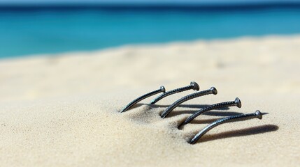 Metal Nails Embedded in Sandy Beach with Ocean View in Background