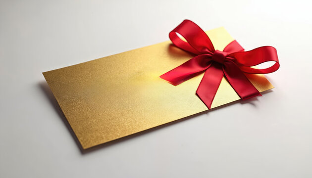 Elegant gold voucher with red ribbon bow design. Perfect gift for special occasion. Luxury template for marketing campaign, present, promotion, discount, announcement, or shopping, business incentive.