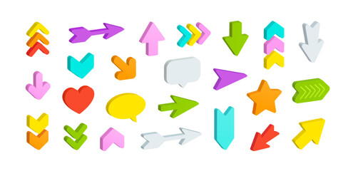 Set of 3D Arrows icons and Pointer signs in bright colors design. Editable simple forms and shapes in 3d style. Colorful vector pointer signs collection on white background