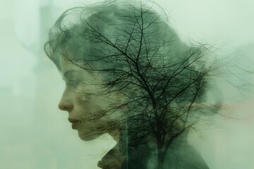 Serene portrait blending with nature at dawn captures the beauty of reflection and tranquility in an urban setting