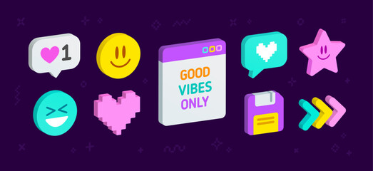 Funny 3D style reactions icons and social media elements. Cartoon stickers and signs set of happy emoticons characters, smile face, pc window, pixel heart, floppy, chat message etc. Editable 3d vector