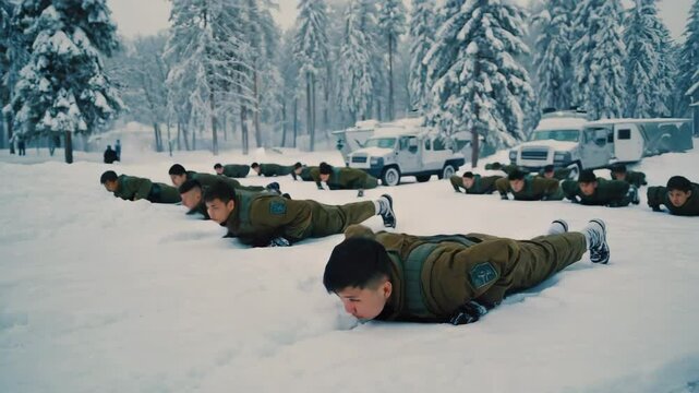 Military personnel doing push-ups during training.