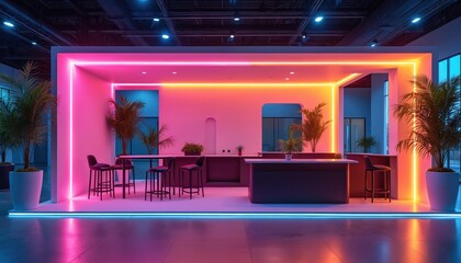 Modern exhibition stand design with neon lighting. Dark furniture, trade show event, complex construction, vibrant atmosphere. Showcase, display, installation, creative, marketing, booth, space.