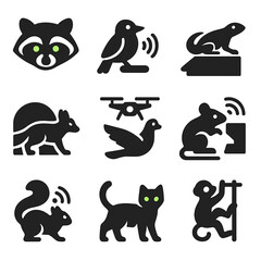 Urban Wildlife Icons. Solid, filled icons set of urban-evolved wildlife: neon-eyed raccoon, noise-resistant