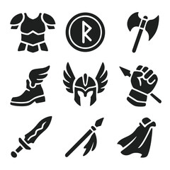Valkyrie Armor Icons. Solid, filled icons set of valkyrie armor and weapons: plated armor, rune shield, battle