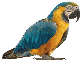 Vibrant blue and yellow macaw parrot in nature wildlife isolated on transparent background