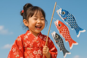 A smiling Japanese girl in a kimono holds Koinobori carp streamers against a blue sky. Concept of: Celebrating childhood in Japan.
