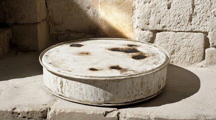 Naklejka premium Weathered Round Container on Stone Floor in Bright Sunlight