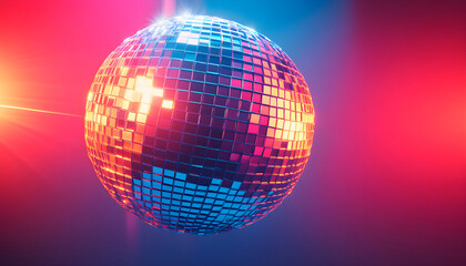 Obraz premium Disco ball reflecting light on colorful background. Nightclub decor