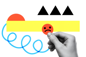 User experience - the hand chooses the sad red emoji. Service rating. Illustration on transparent background in a modern collage style