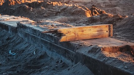 Fototapeta premium Weathered Wooden Plank on Sandy Terrain at Golden Hour Light