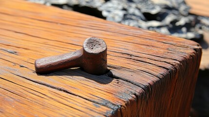 Wooden Background with a Rustic Hammer Embedded in the Surface