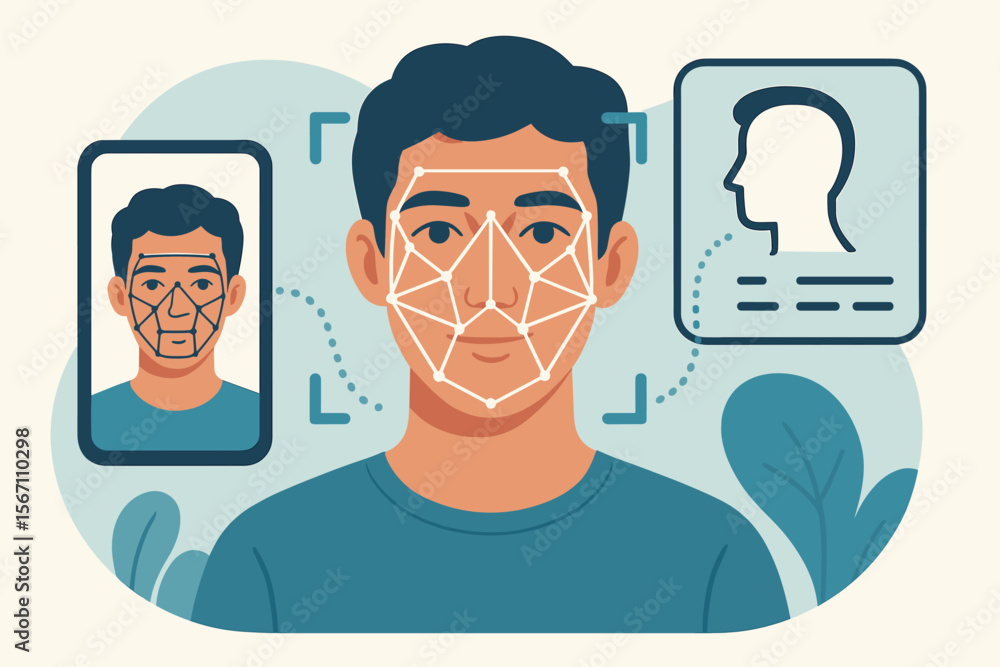 Poster facial recognition technology concept. biometric identification system scanning a man's face. ai sec
