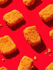 Golden nuggets arranged on vibrant red background in flat lay. Bold fast food aesthetic with modern pop-art style