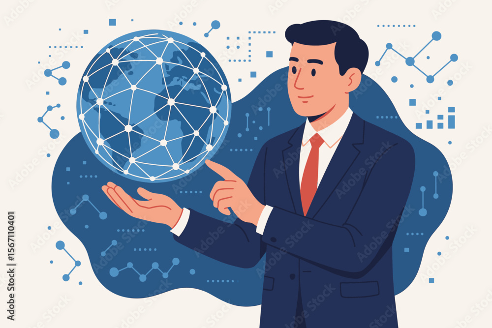 Poster businessman holding global network structure, representing data and worldwide connectivity. concept 