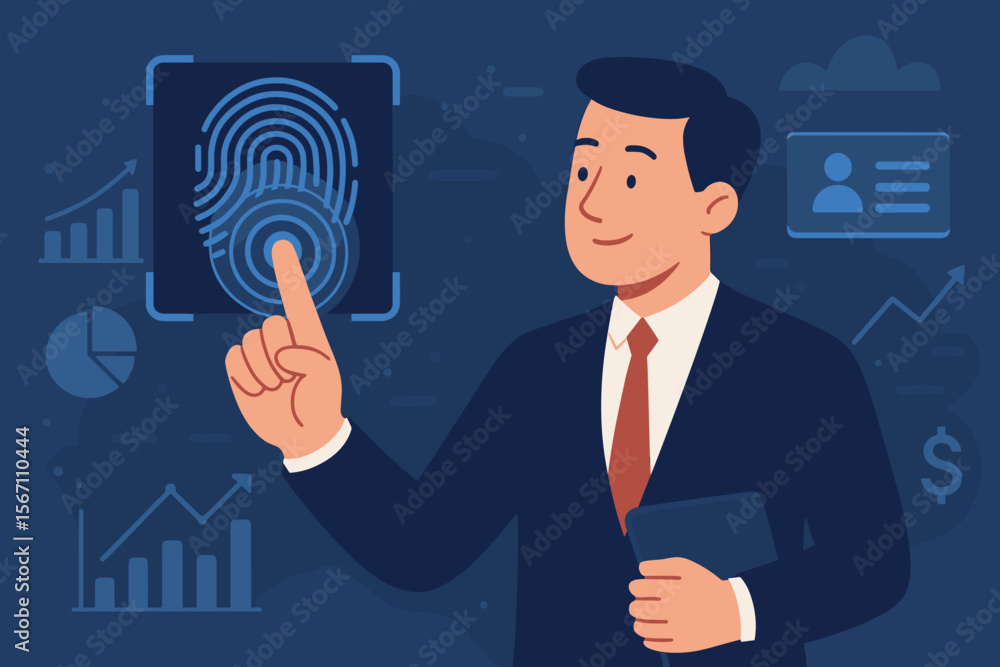 Poster businessman using fingerprint authentication to access secure business finance data, biometric secur