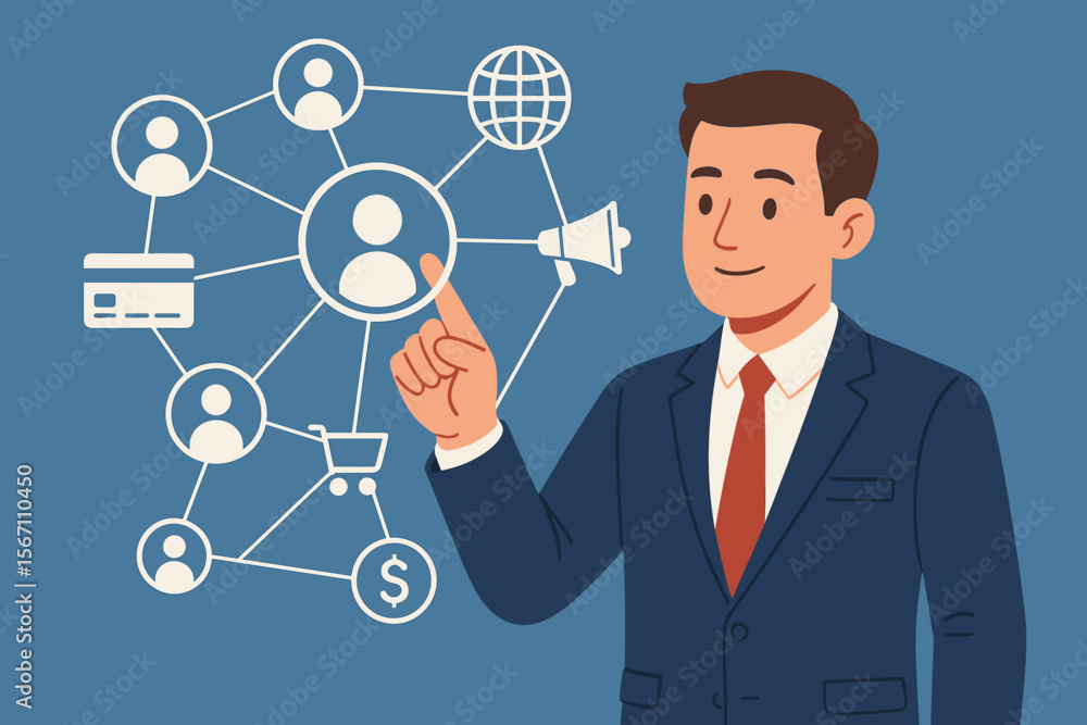 Poster businessman touching virtual network interface with customer connection icons, global networking, on
