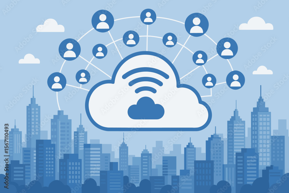Poster cloud computing network connection concept. wireless cloud data sharing, social media, global commun