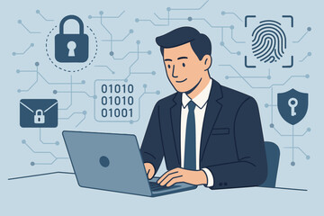 Fototapeta premium Businessman using laptop with encrypted business data network, fingerprint scanning, biometric security identification, cybersecurity protection, secure business transaction, digital privacy
