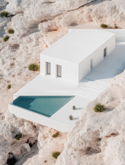 Modern white villa with geometric pool on desert cliff. Minimal architecture and luxury summer escape in natural stone landscape