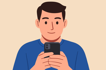 Modern flat vector illustration of young man in blue shirt using smartphone, digital technology lifestyle, communication, social media, mobile device addiction, internet connection concept