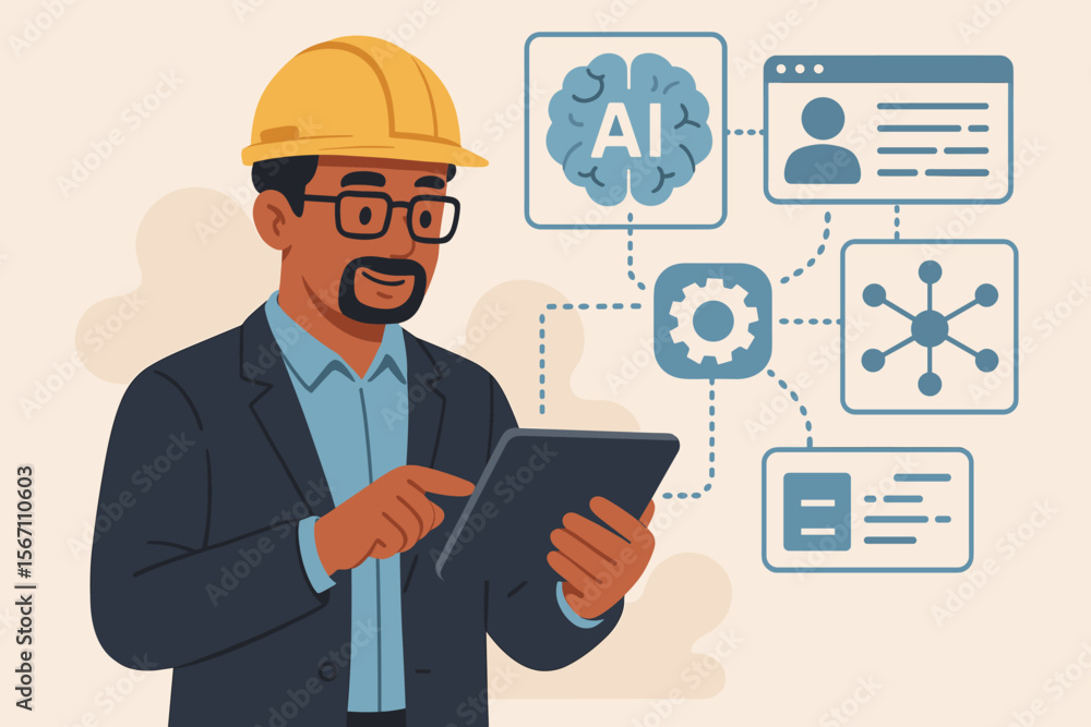 Poster engineer in hard hat using tablet with artificial intelligence systems, data analysis, digital workf