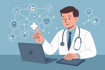 Telemedicine doctor using laptop and tablet for online healthcare consultation. Digital health technology, remote medical services, virtual diagnosis, modern medicine, telehealth network concept