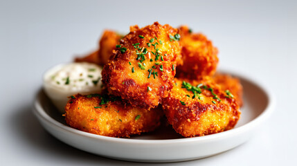 Golden crispy chicken nuggets on white plate with creamy dipping sauce. Comfort food and homemade snack appeal