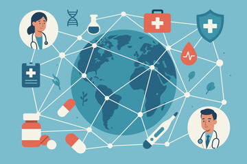 Global healthcare network concept. Doctors, medical icons, pills, medicine, digital health, telemedicine, worldwide connection, modern flat vector illustration, medical technology, global care