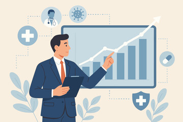 Businessman Analyzing Healthcare Data Growth, Medical Network Trends, Emerging Disease Impact, Rising Awareness, Health Analytics, Medical Statistics, Healthcare Business Success Concept