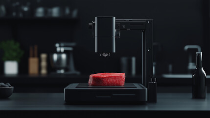 Raw lab-grown meat under precision device in black kitchen. Future of food and stem cell innovation