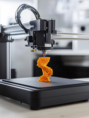 3D printer creating abstract orange structure in modern lab. Innovation, design and digital manufacturing