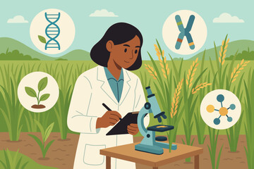 Female Scientist Conducting Plant Genetics Research in Rice Field, Chromosome Analysis, DNA, Biotechnology, Agricultural Innovation, Plant Biology, Laboratory Experiment, Crop Development