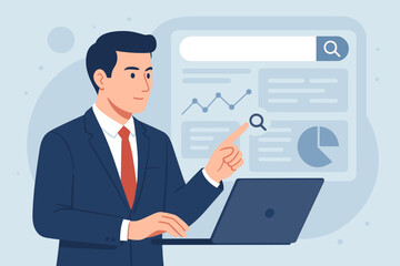 Businessman using laptop for data analysis, search engine optimization, virtual screen interface, business analytics, digital marketing, information technology, online research concept