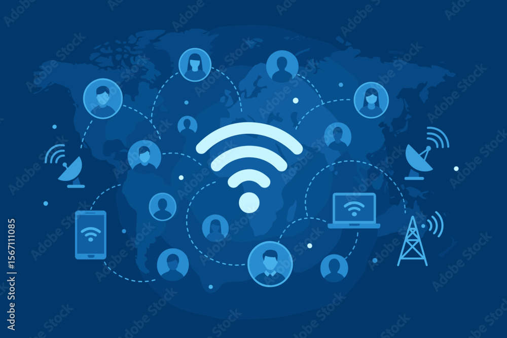 Poster wireless communication network global connectivity. internet technology, social networking, wifi sig